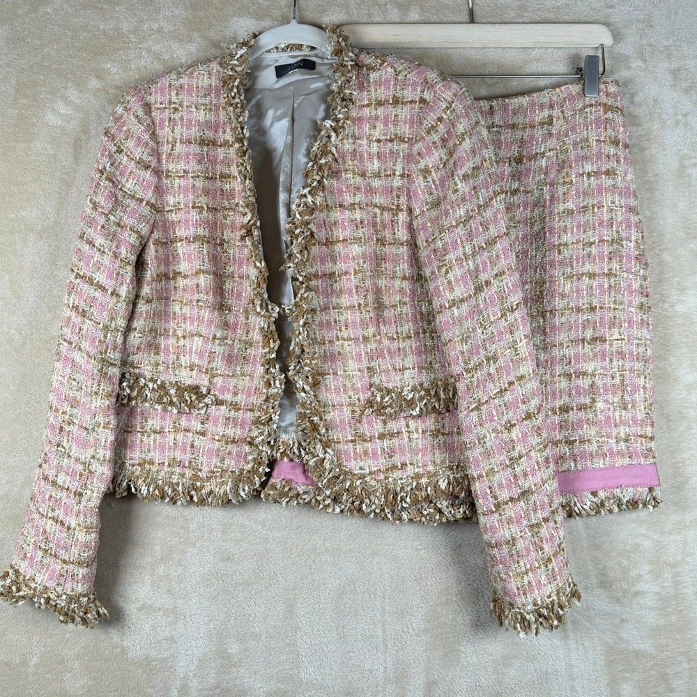 JON Pink Tan Tweed Fringe Skirt Suit Set Jacket and Mini Skirt Women Size M